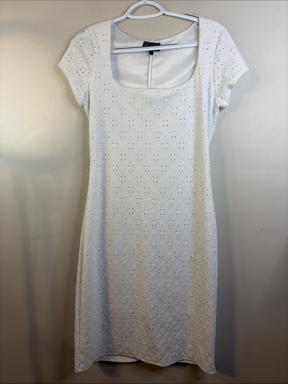 B Famous White Eyelet Lace Square Neck Mini Dress Size Large #229